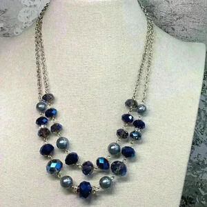 Blue Sparkling Faceted Beaded Necklace with Silver Chain Vintage